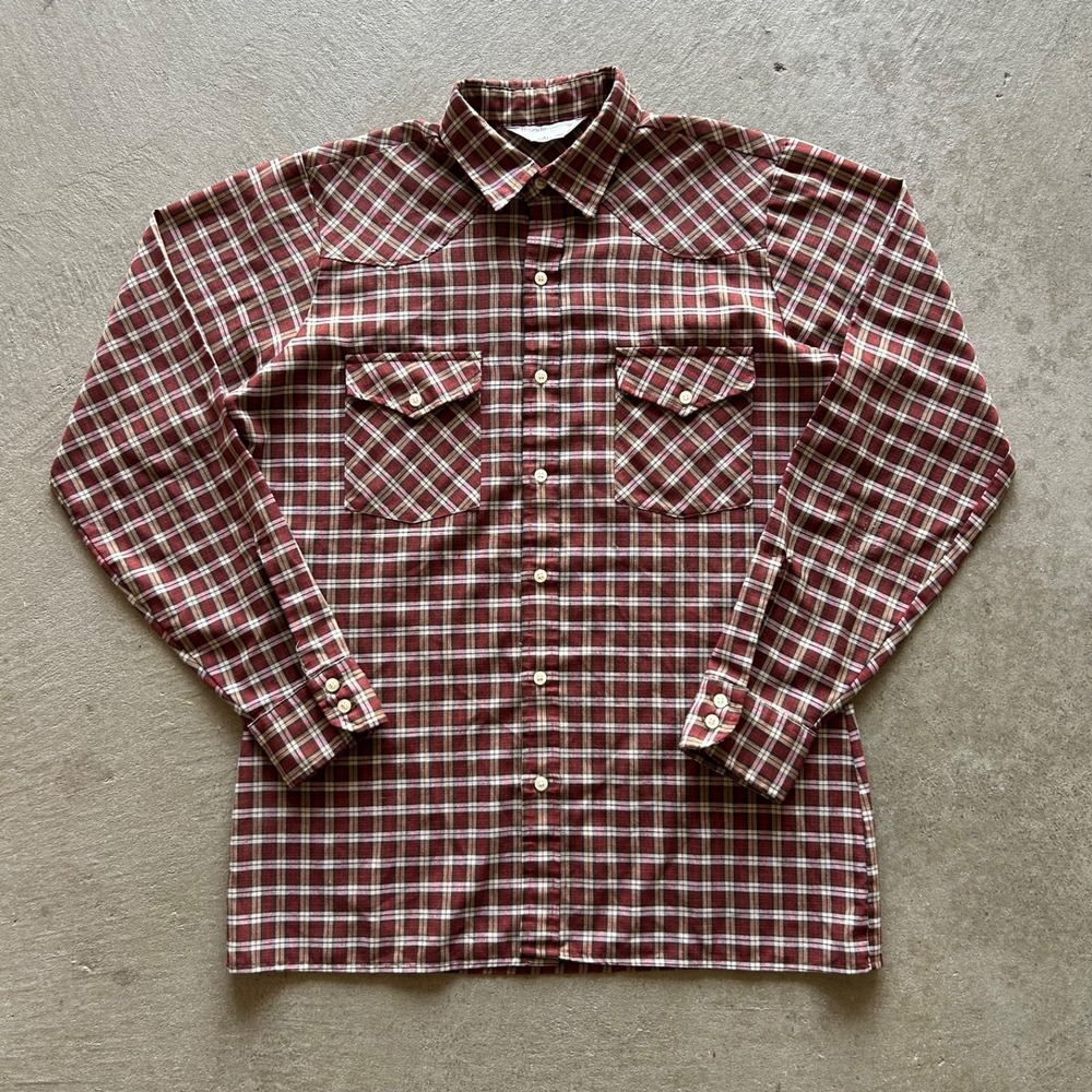 Vintage 70s Brigade Arrow Plaid Shirt Mens Medium Red Flannel Button Down Yoke